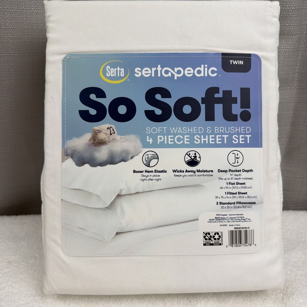 Serta Sertapedic White 4pc Twin Sheet Set So Soft Deep Pocket Boxer Hem Elastic